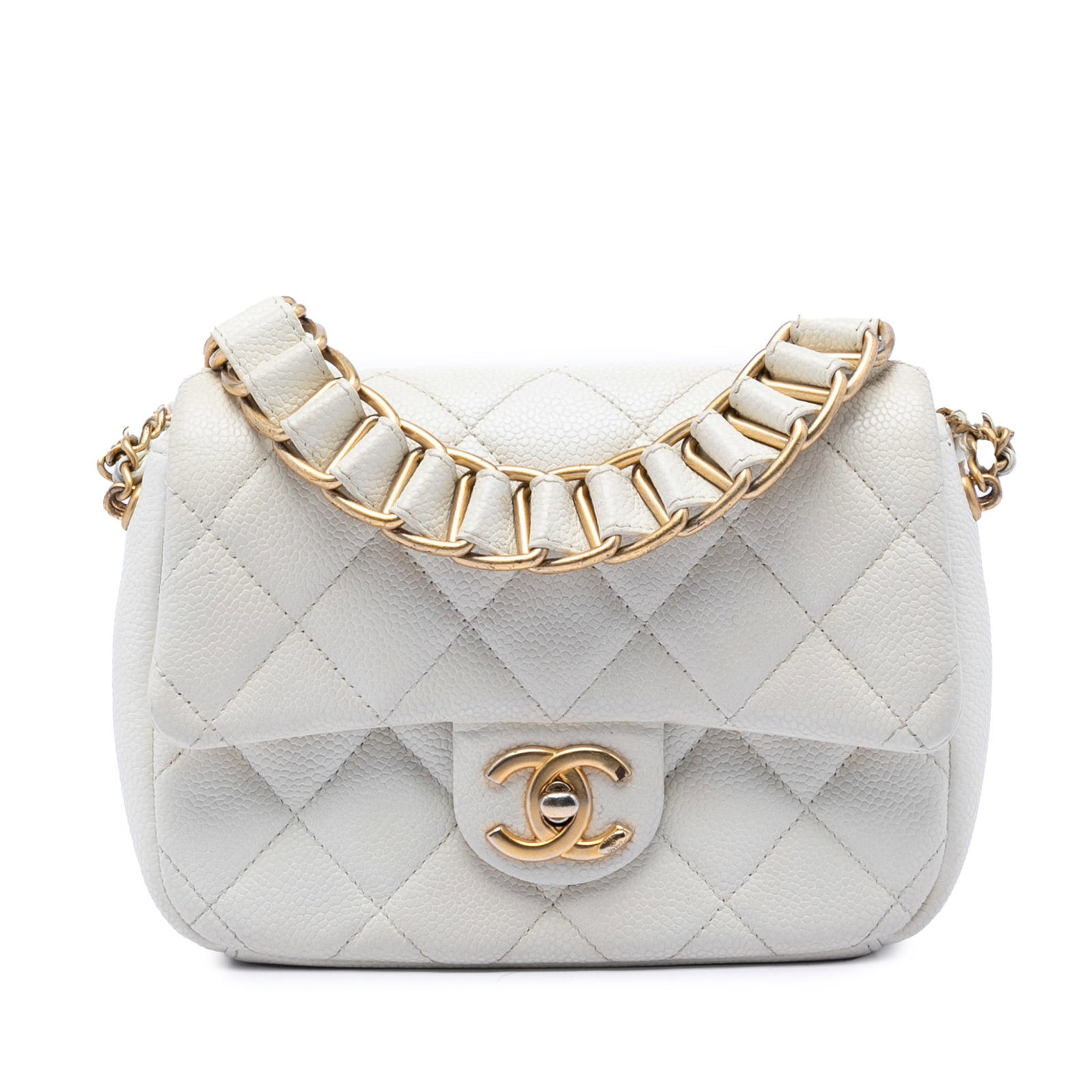Chanel Mini Quilted Caviar Crossbody Flap Bag: Chanel Mini Quilted Caviar Crossbody Flap Bag This Chanel Mini Quilted Caviar Chain Soul Flap is a stylish crossbody bag crafted from white quilted caviar leather. It features a leather-woven chain st