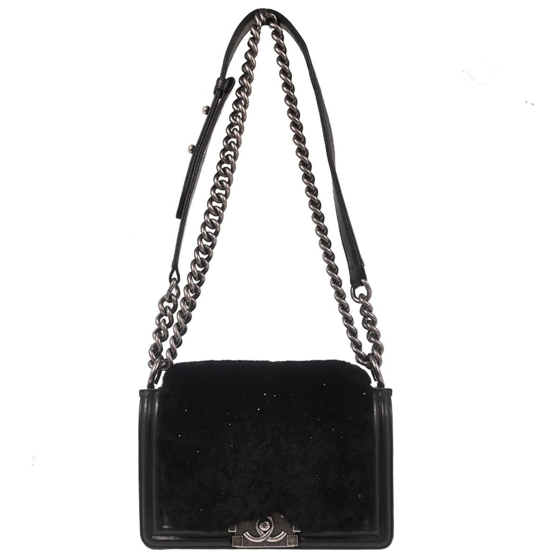 Chanel Boy Small Black Lambskin Mini Shoulder Bag with Chain Strap: Chanel Boy Small Black Lambskin Mini Shoulder Bag with Chain Strap This Chanel Boy small chain shoulder bag features a black lambskin leather exterior with fur detailing. The bag has a classic clasp f