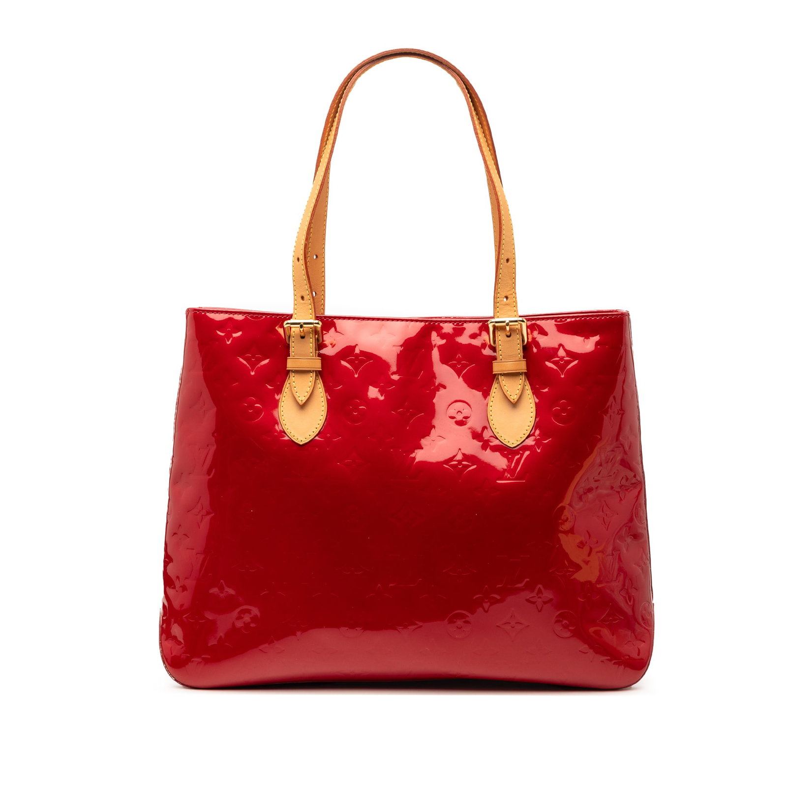 Louis Vuitton Brentwood Monogram Vernis Red Tote: Louis Vuitton Brentwood Monogram Vernis Red Tote This Louis Vuitton Monogram Vernis Brentwood bag features a glossy monogram vernis leather body in red, complemented by flat vachetta leather straps. I