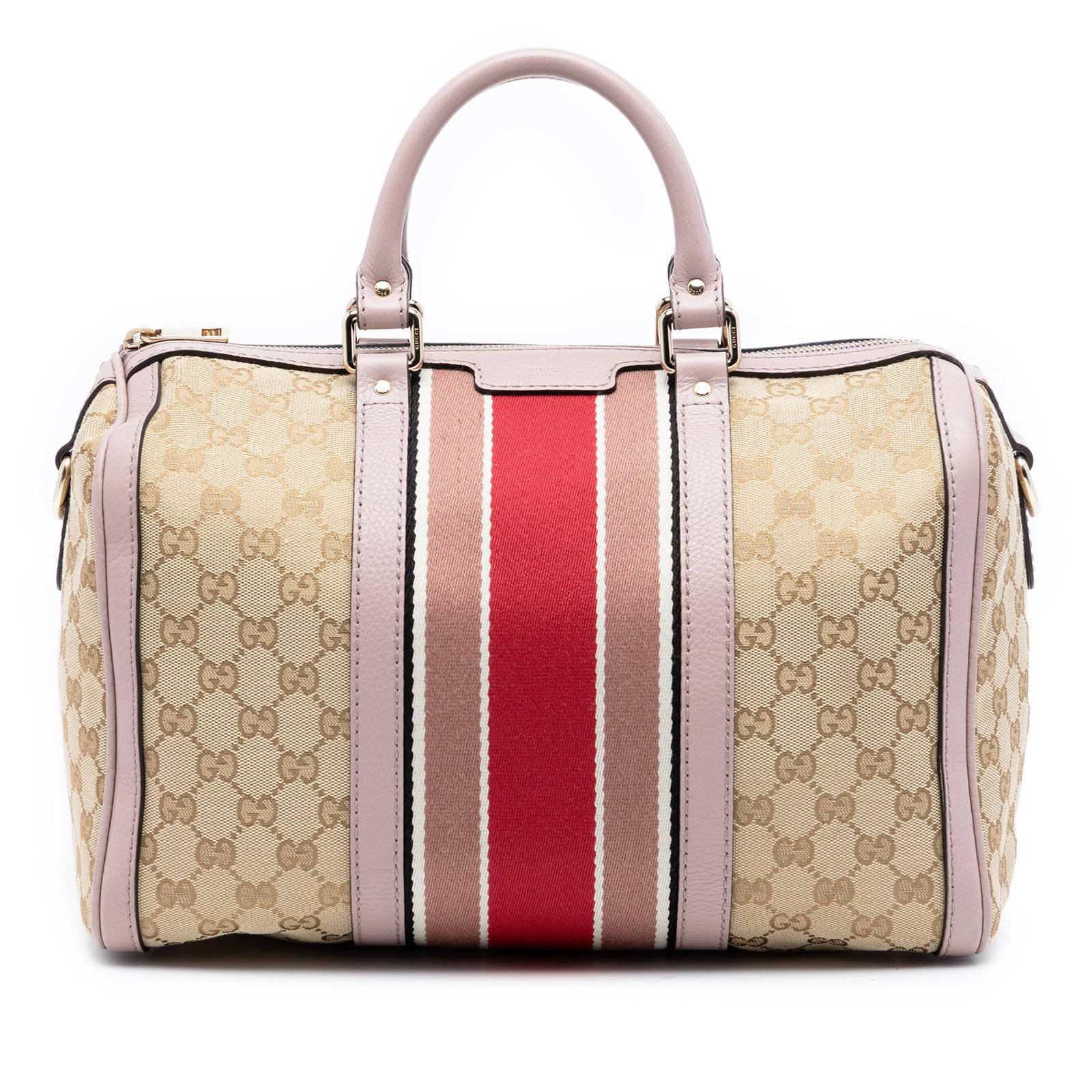 Gucci Joy Boston satchel GG canvas leather trim: Gucci Joy Boston satchel GG canvas leather trim This Gucci Medium GG Canvas Web Joy Boston Bag is crafted from durable canvas with leather trim and features rolled leather handles, a top zip closure, 