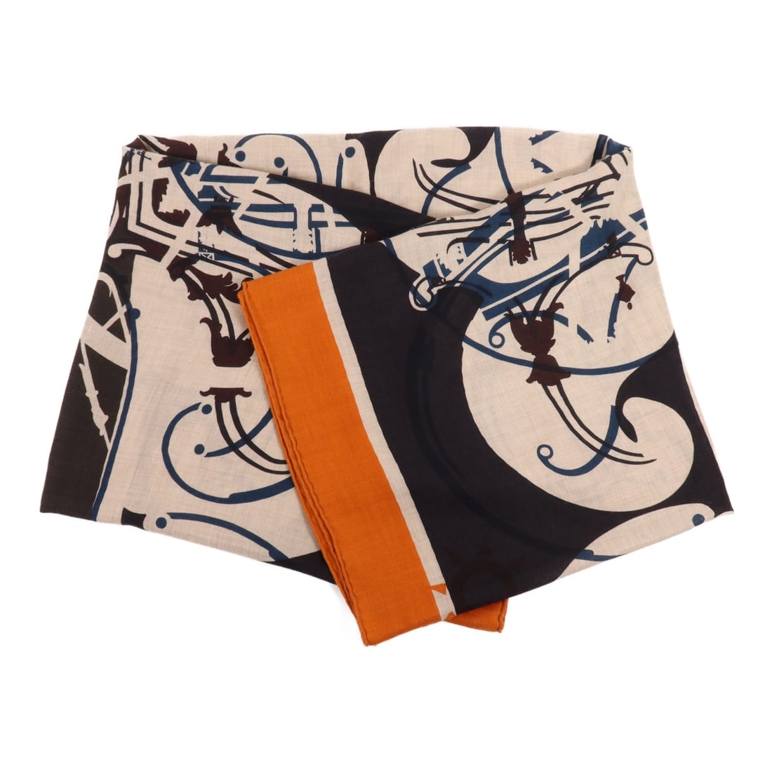 HERMES Cashmere Silk Scarf Beige Orange Blue France: HERMES Cashmere Silk Scarf Beige Orange Blue France This elegant HERMES scarf is crafted from a luxurious blend of cashmere and silk, featuring a sophisticated color palette of beige, orange, and blue