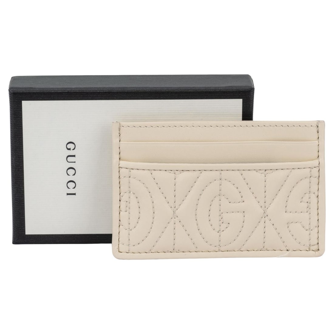 Gucci Cream Embossed Logo Credit Card Case with Box and Booklets: Gucci Cream Embossed Logo Credit Card Case with Box and Booklets Introducing a stunning brand new Gucci cream embossed logo credit card case, perfect for keeping your essentials organized and stylish.