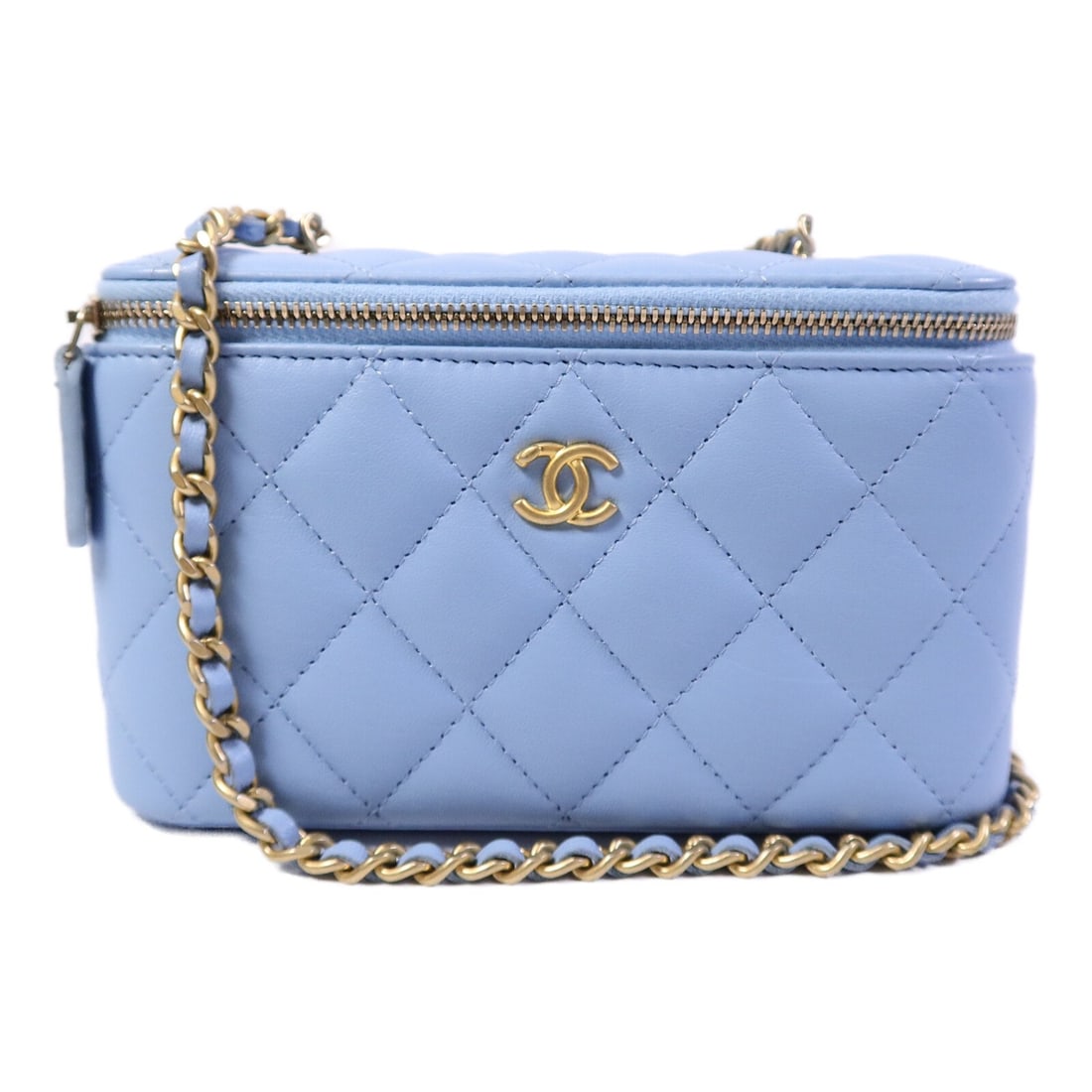 CHANEL Vanity Case CC Lambskin Blue Chain Shoulder Bag GHW: CHANEL Vanity Case CC Lambskin Blue Chain Shoulder Bag GHW This CHANEL CC vanity case chain shoulder bag features luxurious blue lambskin leather and gold-tone hardware. Designed with a compact struct