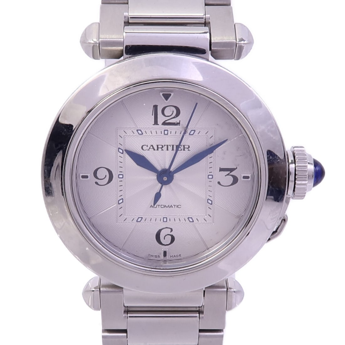 Cartier Pasha Automatic Stainless Steel Silver Wristwatch: Cartier Pasha Automatic Stainless Steel Silver Wristwatch This Cartier Pasha De Cartier Automatic Watch WSPA0013 features a stainless steel case and band with a silver dial and frame. Designed for wom