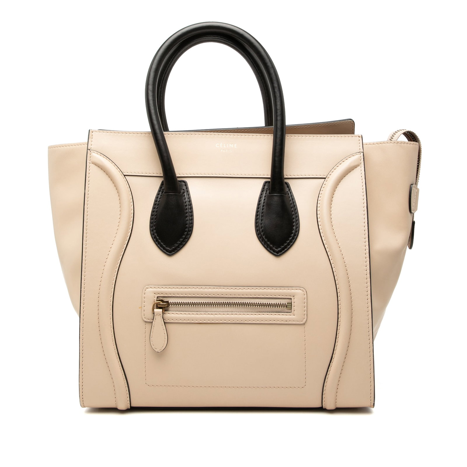 Celine Mini Luggage Tote Brown Bicolor Leather Handbag: Celine Mini Luggage Tote Brown Bicolor Leather Handbag This Celine Mini Bicolor Leather Luggage Tote is crafted from leather and features rolled leather handles, a top zip closure, an exterior front z