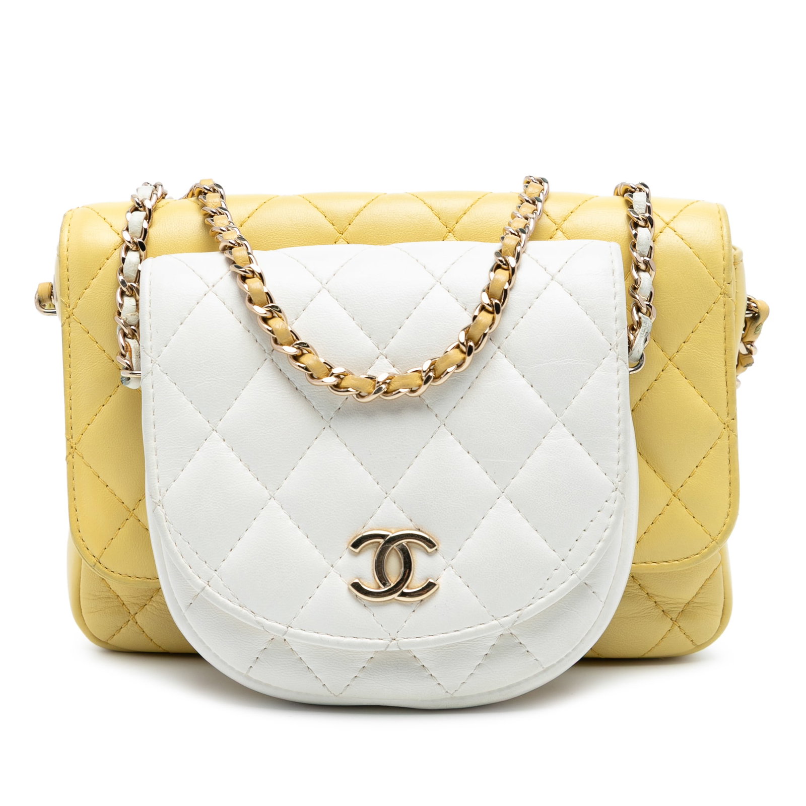 Chanel Yellow Lambskin Quilted Crossbody Bag with CC Flap Design: Chanel Yellow Lambskin Quilted Crossbody Bag with CC Flap Design This Chanel CC Quilted Lambskin Side Packs Flap crossbody bag features a quilted lambskin leather body in yellow, a leather-woven chain