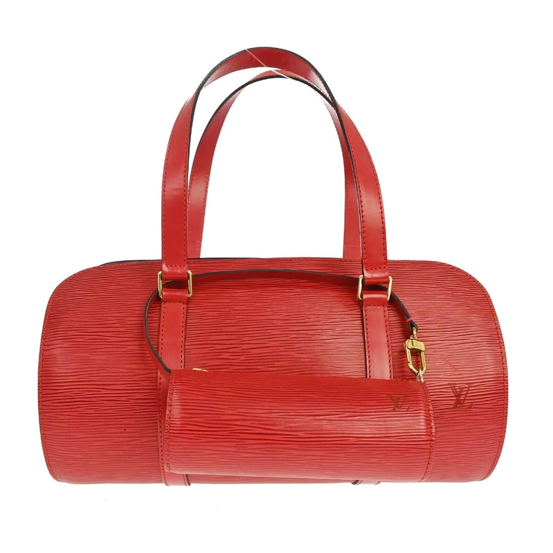 Louis Vuitton Soufflot Red Epi Leather Handbag M52227: Louis Vuitton Soufflot Red Epi Leather Handbag M52227 This Louis Vuitton Soufflot handbag features the iconic Epi leather in a striking red exterior with black double handles and black lining. Designe