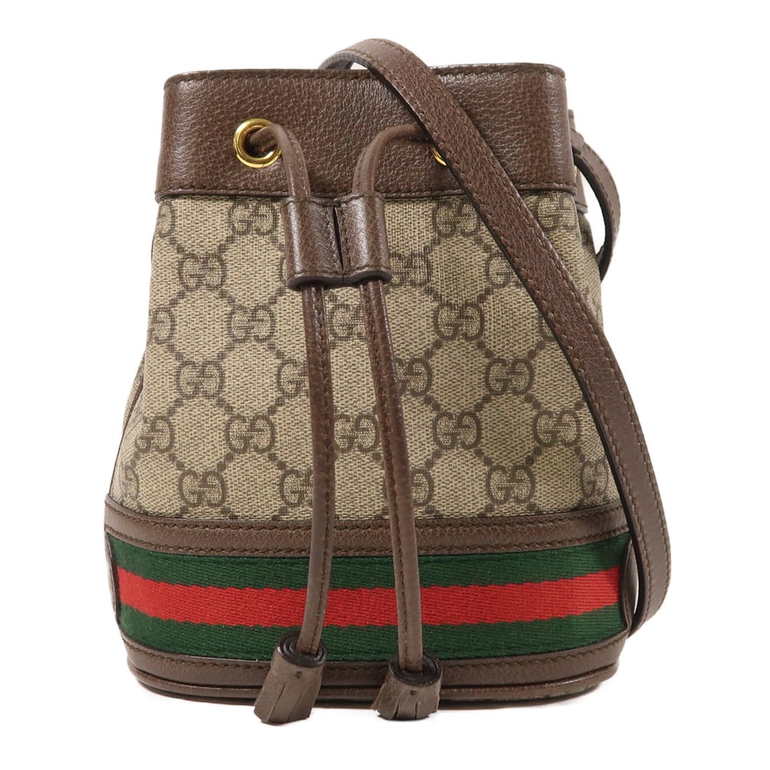 Gucci Ophidia Mini Bucket Shoulder Bag GG Coated Canvas: Gucci Ophidia Mini Bucket Shoulder Bag GG Coated Canvas This Gucci GG Ophidia Mini Bucket Shoulder Bag features a compact and stylish design crafted from PVC coated canvas in brown. The bag is accente