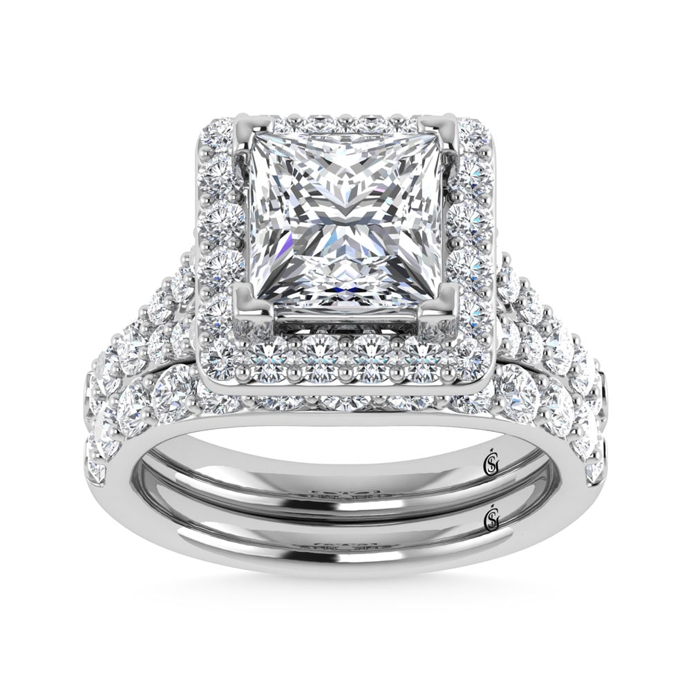 14K White Gold 4 7/8 Ct.Tw. Lab Grown Diamond Bridal Ring (IGI Certified Center 3ct): 14K White Gold 4 7/8 Ct.Tw. Lab Grown Diamond Bridal Ring (IGI Certified Center 3ct) 14k White Gold Stone Color: D-f Stone Clarity: Vs Each ring is presented in standard size 6.5. Complimentary resizi