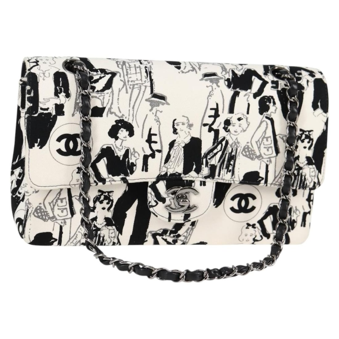 CHANEL Canvas Shoulder Bag White Silver CC Auth Made in France: CHANEL Canvas Shoulder Bag White Silver CC Auth Made in France Introducing the elegant CHANEL Chain Shoulder Bag, crafted from luxurious white canvas with silver accents. This stylish shoulder bag fea