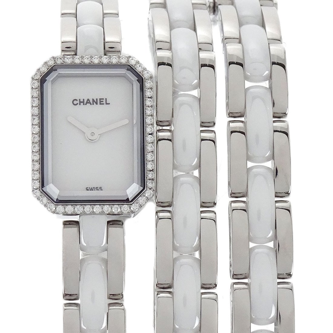 Chanel Premiere H3059 Ceramic Quartz Wristwatch Silver White: Chanel Premiere H3059 Ceramic Quartz Wristwatch Silver White This Chanel Premiere H3059 quartz wristwatch features a distinctive triple bracelet design crafted from a combination of ceramic and stainl