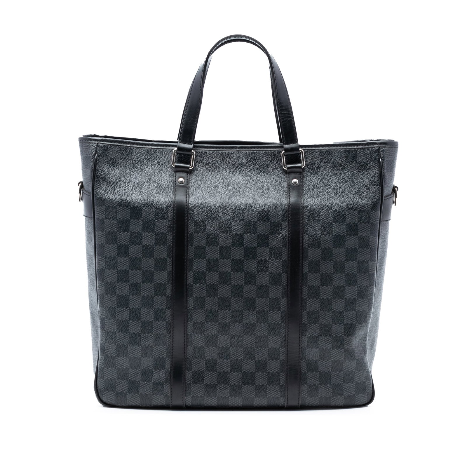 Louis Vuitton Tadao PM Black Damier Graphite Fabric Tote Bag: Louis Vuitton Tadao PM Black Damier Graphite Fabric Tote Bag The Louis Vuitton Damier Graphite Tadao PM features a sophisticated Damier Graphite patterned exterior with leather trim and flat leather h