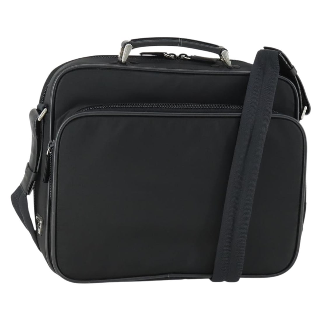 Prada Tessuto Nylon Briefcase with Saffiano Leather Accents Black: Prada Tessuto Nylon Briefcase with Saffiano Leather Accents Black This Prada Convertible Front Pocket Briefcase features a black nylon exterior with Saffiano leather accents. Designed for unisex use, 
