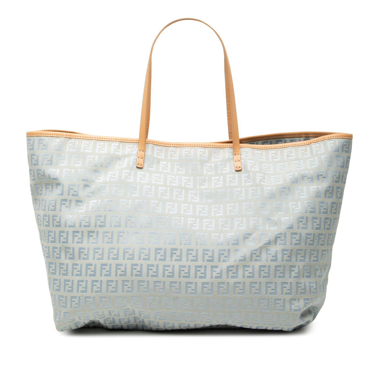 Fendi Zucchino Canvas Tote with Leather Trim: Fendi Zucchino Canvas Tote with Leather Trim This Fendi Large Zucchino Canvas Roll Tote features a blue canvas body with leather trim and flat leather straps. The bag has an open top with a magnetic s