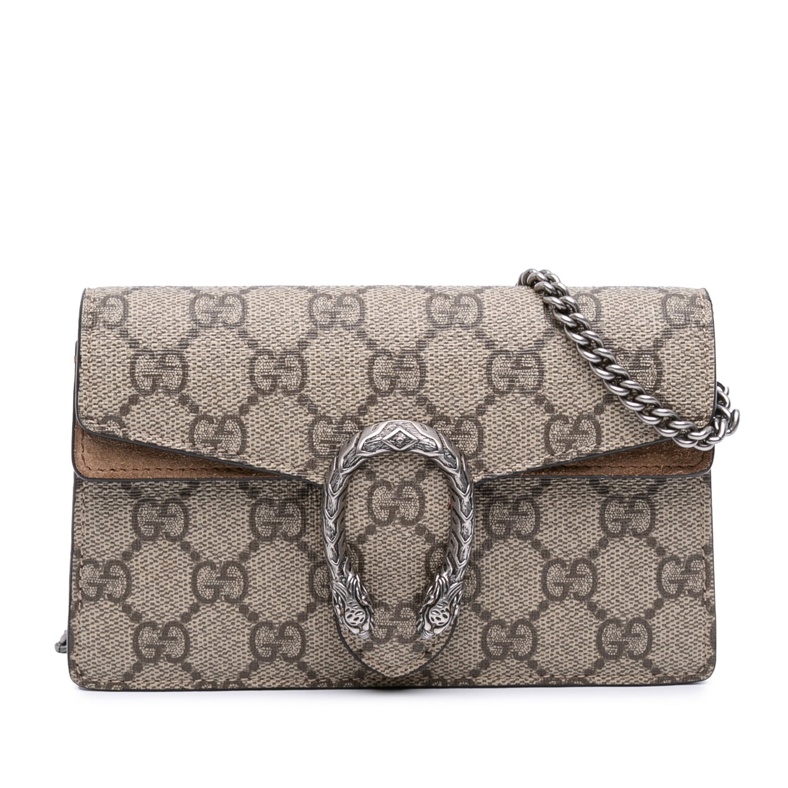 Gucci Dionysus Mini GG Supreme Canvas Crossbody Bag with Suede Trim: Gucci Dionysus Mini GG Supreme Canvas Crossbody Bag with Suede Trim This Gucci Mini GG Supreme Dionysus crossbody bag features a canvas body with suede leather trim, a silver-tone chain link strap, an