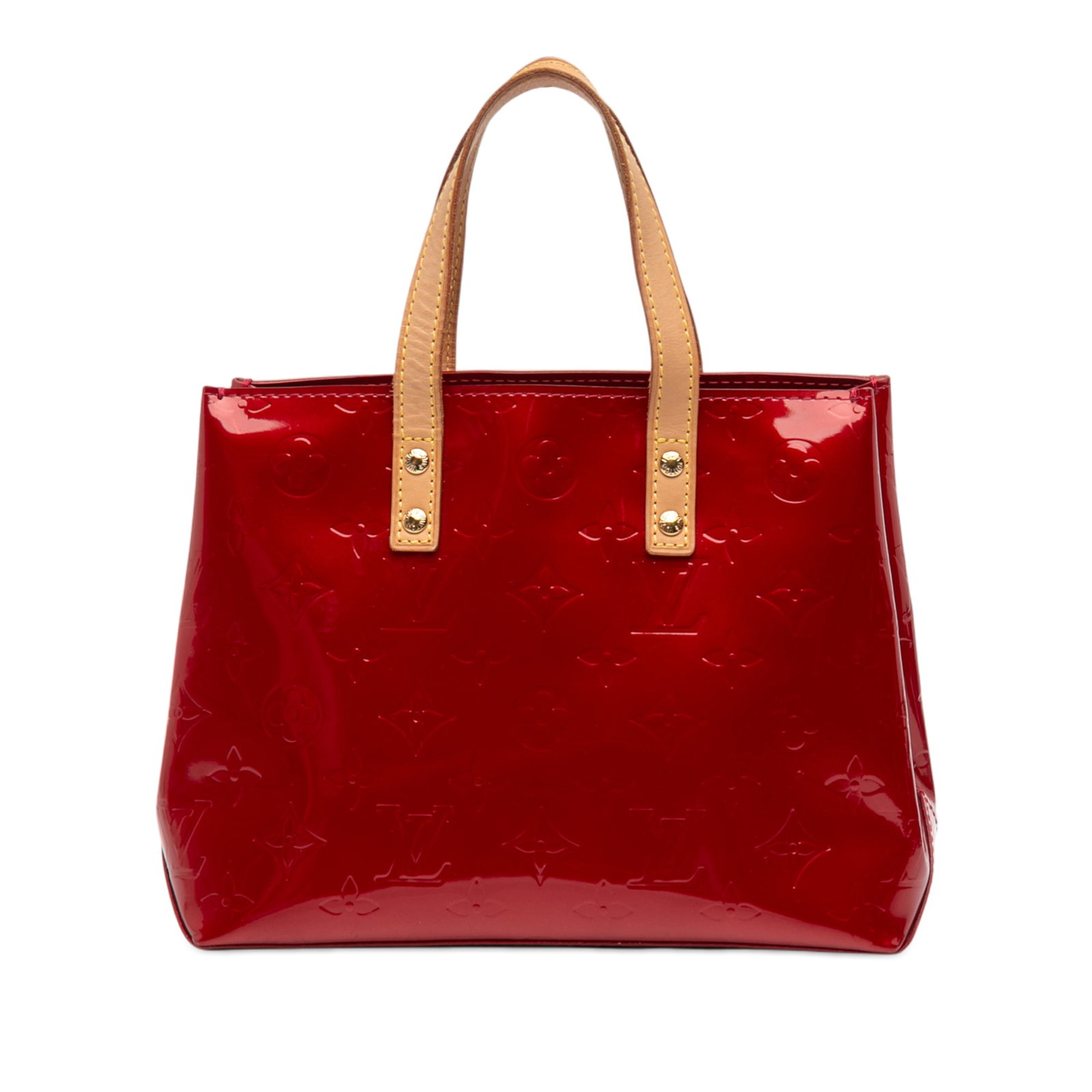 Louis Vuitton Reade PM Red Vernis Leather Tote with Vachetta Handles: Louis Vuitton Reade PM Red Vernis Leather Tote with Vachetta Handles This Louis Vuitton Monogram Vernis Reade PM features a vernis leather exterior in red with flat vachetta leather handles, an open t
