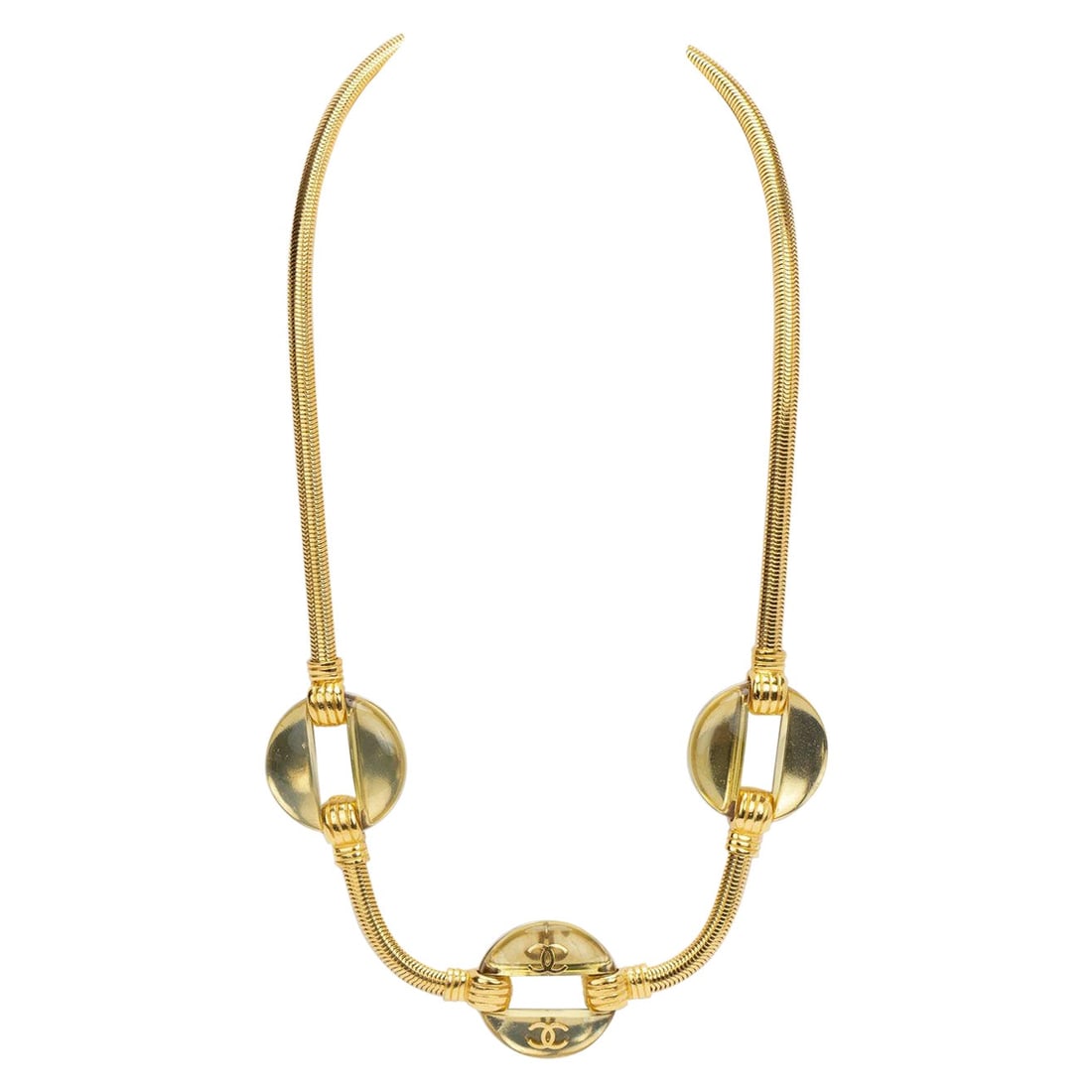 Chanel Gold Snake Chain Necklace Belt Spring 97 with Lucite Logos: Chanel Gold Snake Chain Necklace Belt Spring 97 with Lucite Logos This exquisite Chanel gold snake chain belt/necklace is a versatile accessory that can elevate any outfit. Crafted in 1997 as part of 