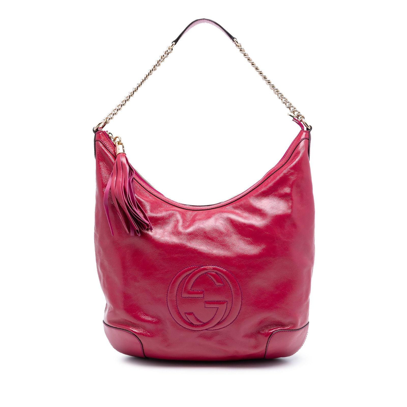 Gucci Pink Patent Leather Soho Chain Shoulder Bag Italy: Gucci Pink Patent Leather Soho Chain Shoulder Bag Italy This Gucci Patent Soho Shoulder Bag features a pink patent leather body with a chain link strap and leather shoulder guard. It is designed with 