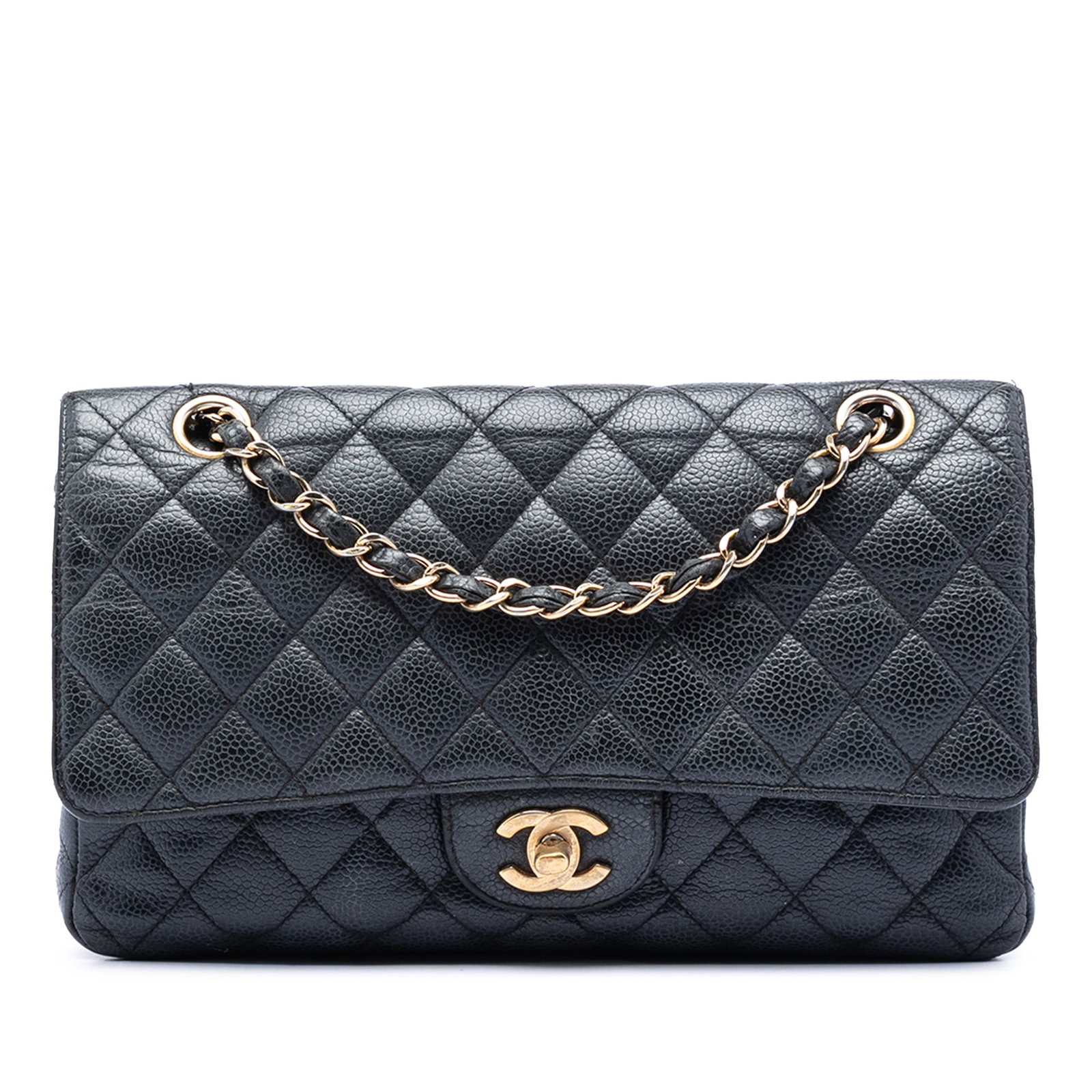 Chanel Caviar Leather Medium Classic Flap Bag: Chanel Caviar Leather Medium Classic Flap Bag This Chanel Medium Classic Caviar Double Flap bag features a quilted caviar leather exterior in black, complemented by a leather-woven chain strap. The de