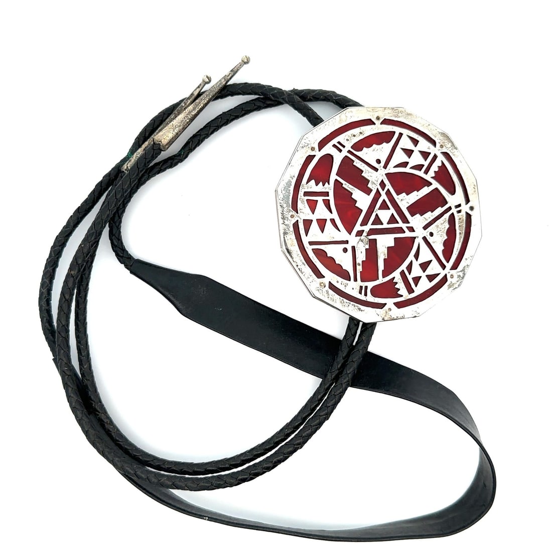 Sterling Silver Bolo Tie with Stained Glass and Space Inspired Design: Sterling Silver Bolo Tie with Stained Glass and Space Inspired Design This bolo tie features a unique galactic space theme, crafted from sterling silver and stained glass. The centerpiece is complemen