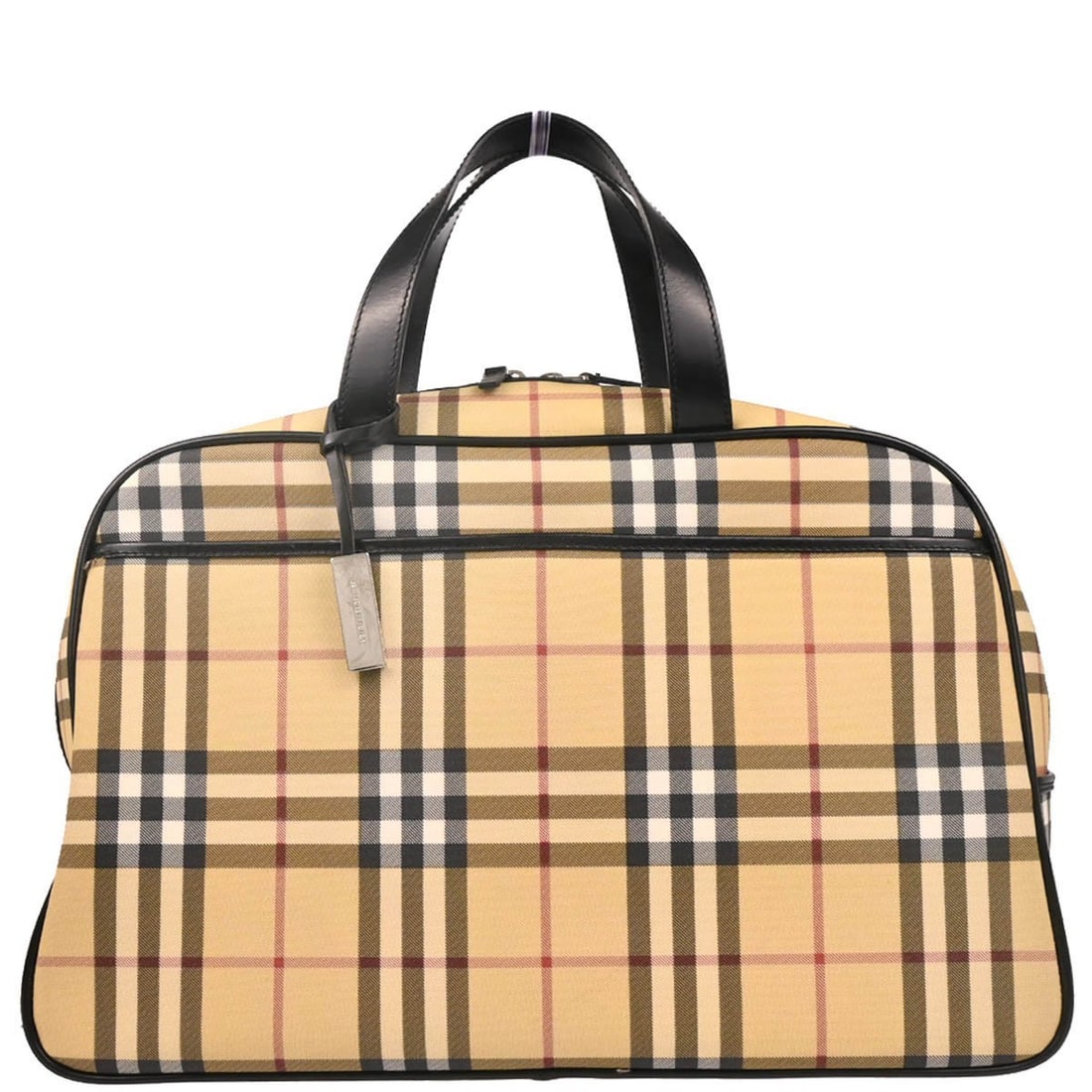Burberry Duffle Handbag Beige Check PVC with Leather Handles: Burberry Duffle Handbag Beige Check PVC with Leather Handles Introducing the Burberry Beige Burberry Check Duffle Handbag, a stylish and functional accessory perfect for casual outings. This spacious 
