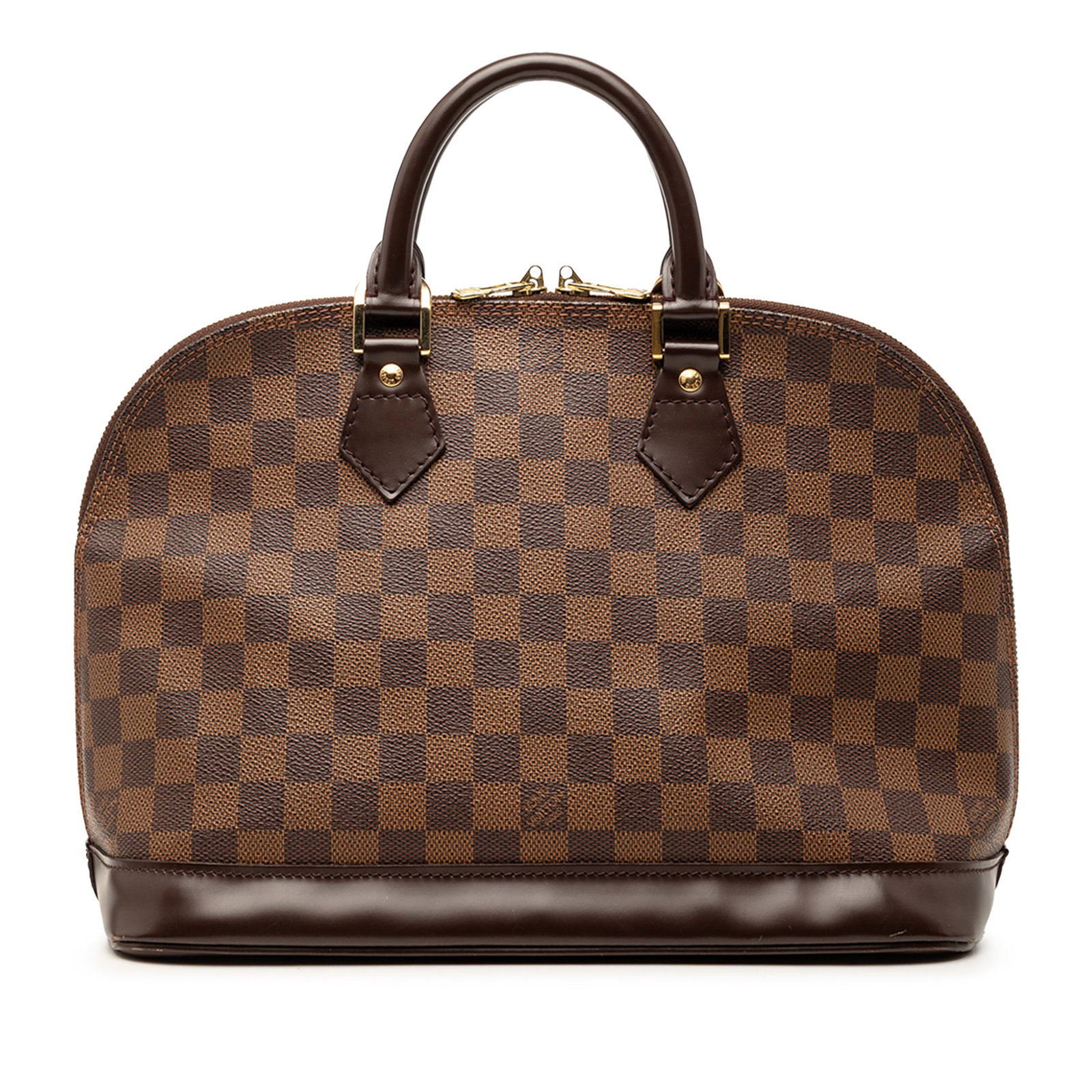 Louis Vuitton Alma PM Damier Ebene Brown Canvas Bag: Louis Vuitton Alma PM Damier Ebene Brown Canvas Bag This Louis Vuitton Damier Ebene Alma PM handbag showcases the brand's signature Damier Ebene canvas complemented by leather trim and rolled leather 
