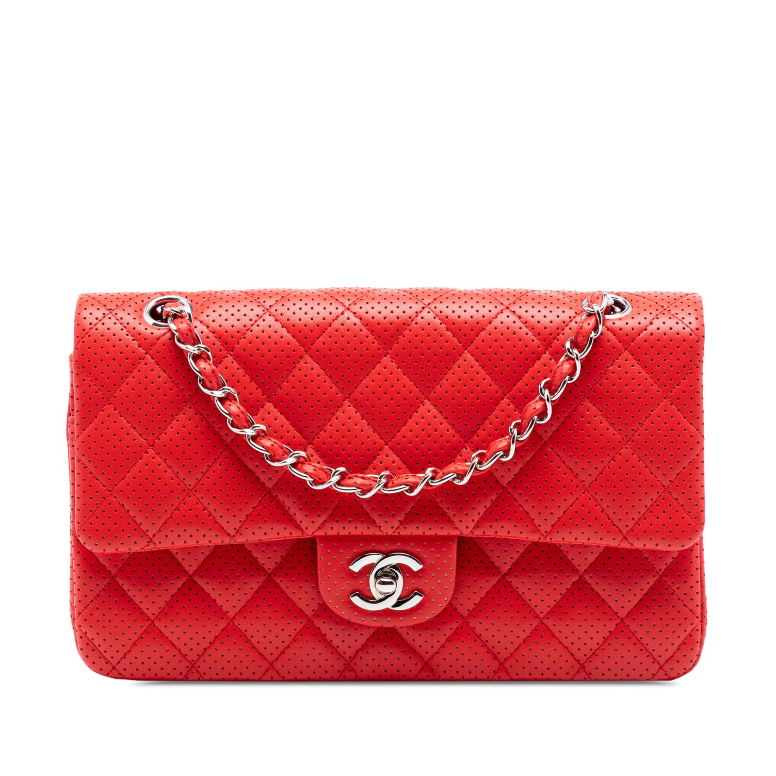 Chanel red perforated lambskin double flap shoulder bag: Chanel red perforated lambskin double flap shoulder bag This Chanel Medium Classic Perforated Lambskin Double Flap shoulder bag features a quilted perforated lambskin leather body in red, complemented