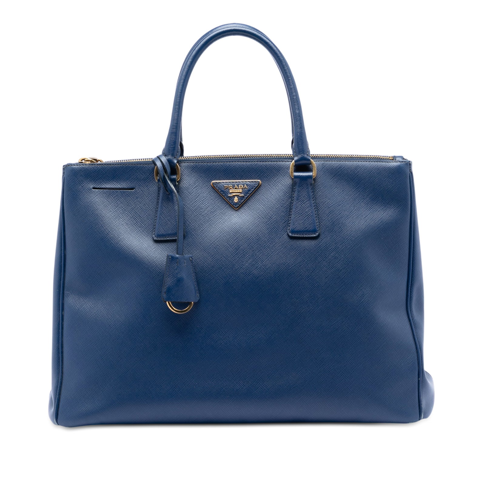 Prada Saffiano Lux Galleria Blue Leather Double Zip Large Tote Bag: Prada Saffiano Lux Galleria Blue Leather Double Zip Large Tote Bag This Prada Large Saffiano Lux Galleria Double Zip Tote is crafted from blue saffiano leather and features a clochette, rolled handles
