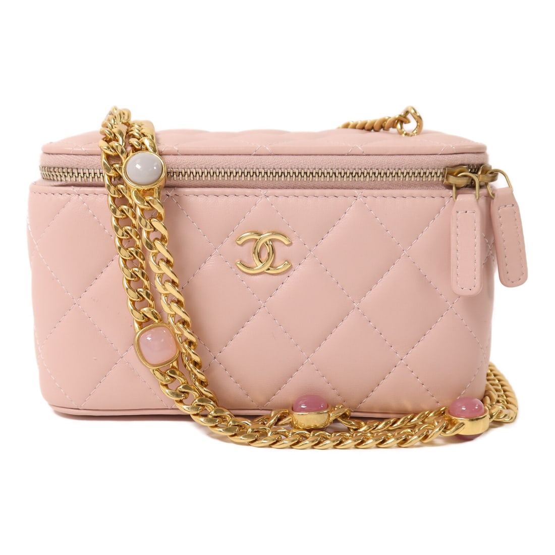 CHANEL Pink Lambskin CC Vanity Case Chain Shoulder Bag GHW: CHANEL Pink Lambskin CC Vanity Case Chain Shoulder Bag GHW This CHANEL CC Vanity Case is a stylish shoulder bag crafted from luxurious pink lambskin leather. Featuring a compact design, it is ideal fo