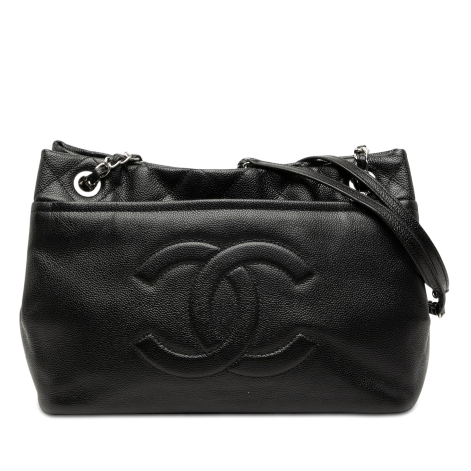 Chanel Caviar Leather Timeless Soft Tote Bag: Chanel Caviar Leather Timeless Soft Tote Bag This Chanel CC Caviar Timeless Soft Tote is crafted from durable caviar leather in black and features leather-woven chain straps, an open top with magnetic