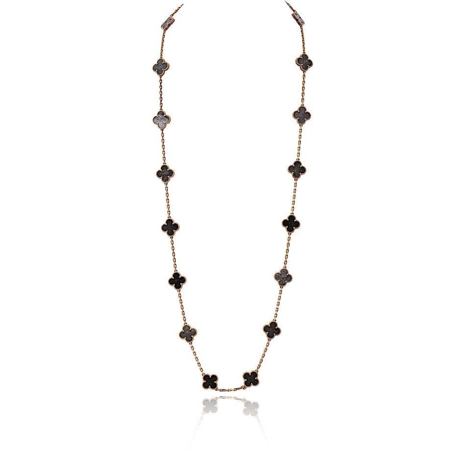 Alhambra Necklace with 20 Obsidian Motifs in 18K Rose Gold by Van Cleef & Arpels: Alhambra Necklace with 20 Obsidian Motifs in 18K Rose Gold by Van Cleef & Arpels This Van Cleef & Arpels Alhambra necklace features twenty iconic four-leaf clover motifs, each set with polished grey o