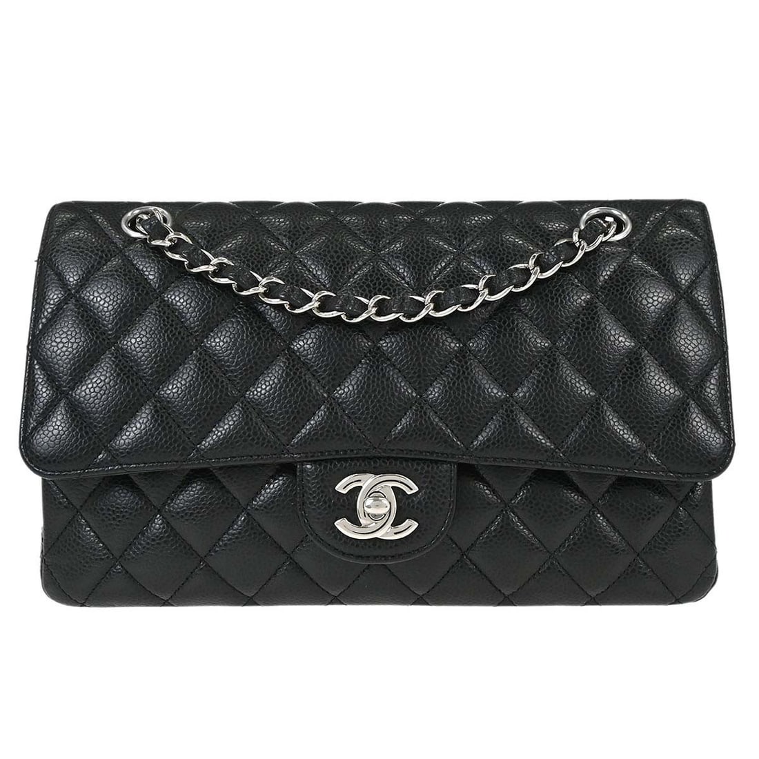 CHANEL Classic Double Flap Black Calfskin Shoulder Bag Medium: CHANEL Classic Double Flap Black Calfskin Shoulder Bag Medium This Chanel Classic Double Flap Shoulder Bag is crafted from black calfskin leather and features a medium size with a turn lock closure. D