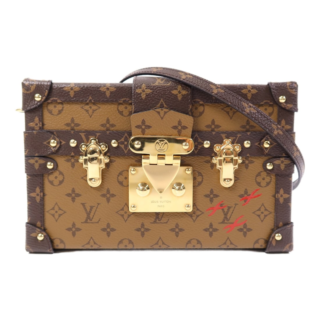 LOUIS VUITTON Petite Malle Shoulder Bag Monogram Reverse M45960 Brown GHW: LOUIS VUITTON Petite Malle Shoulder Bag Monogram Reverse M45960 Brown GHW This exquisite Louis Vuitton Petite Malle Shoulder Bag showcases the iconic Monogram Reverse design, crafted from durable PVC 