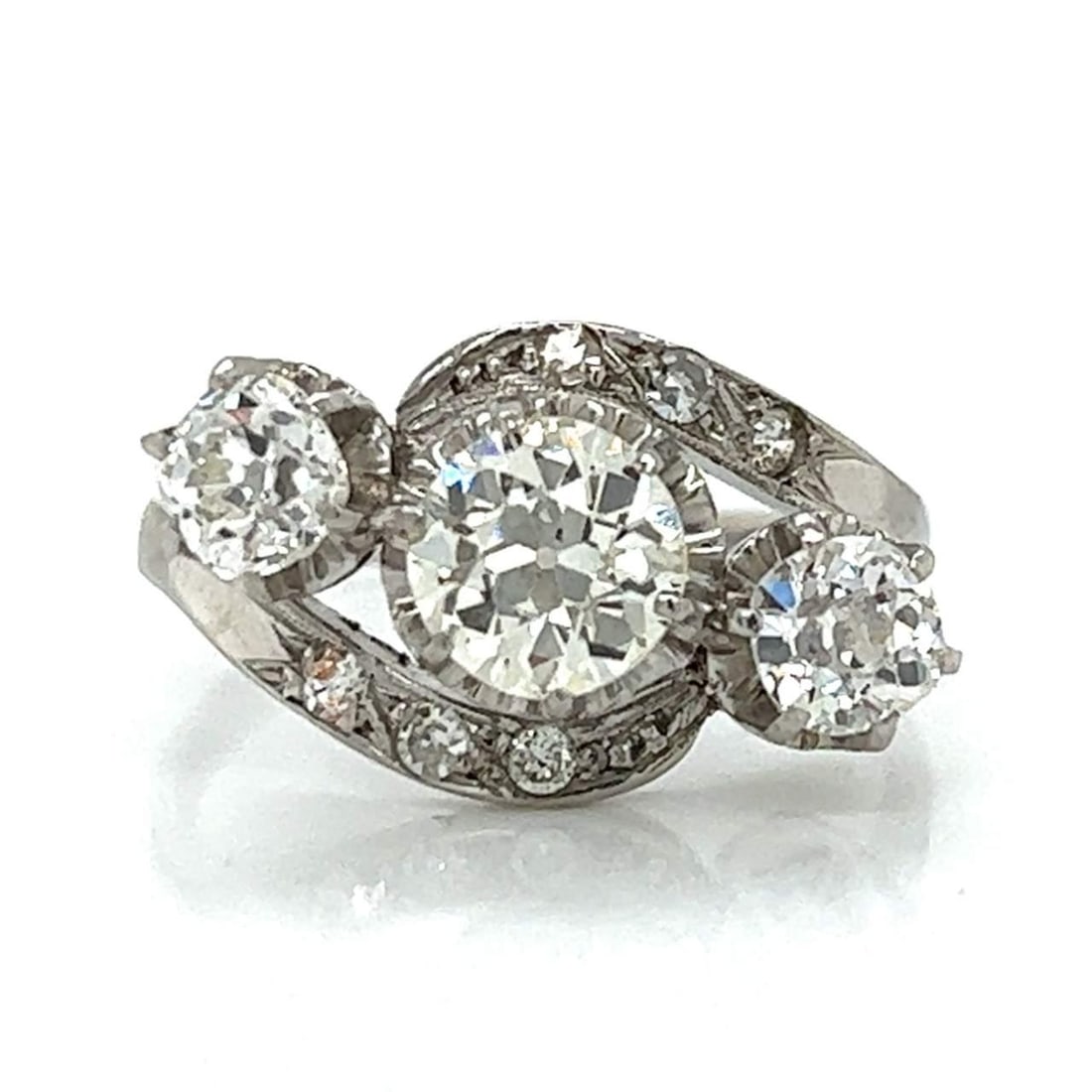 Art Deco Platinum 1.67 Ct Diamond Ring with European-Cut Center: Art Deco Platinum 1.67 Ct Diamond Ring with European-Cut Center This exquisite Art Deco ring is crafted in platinum and features a stunning 1.67 ct. total diamond weight. The centerpiece is an approxi