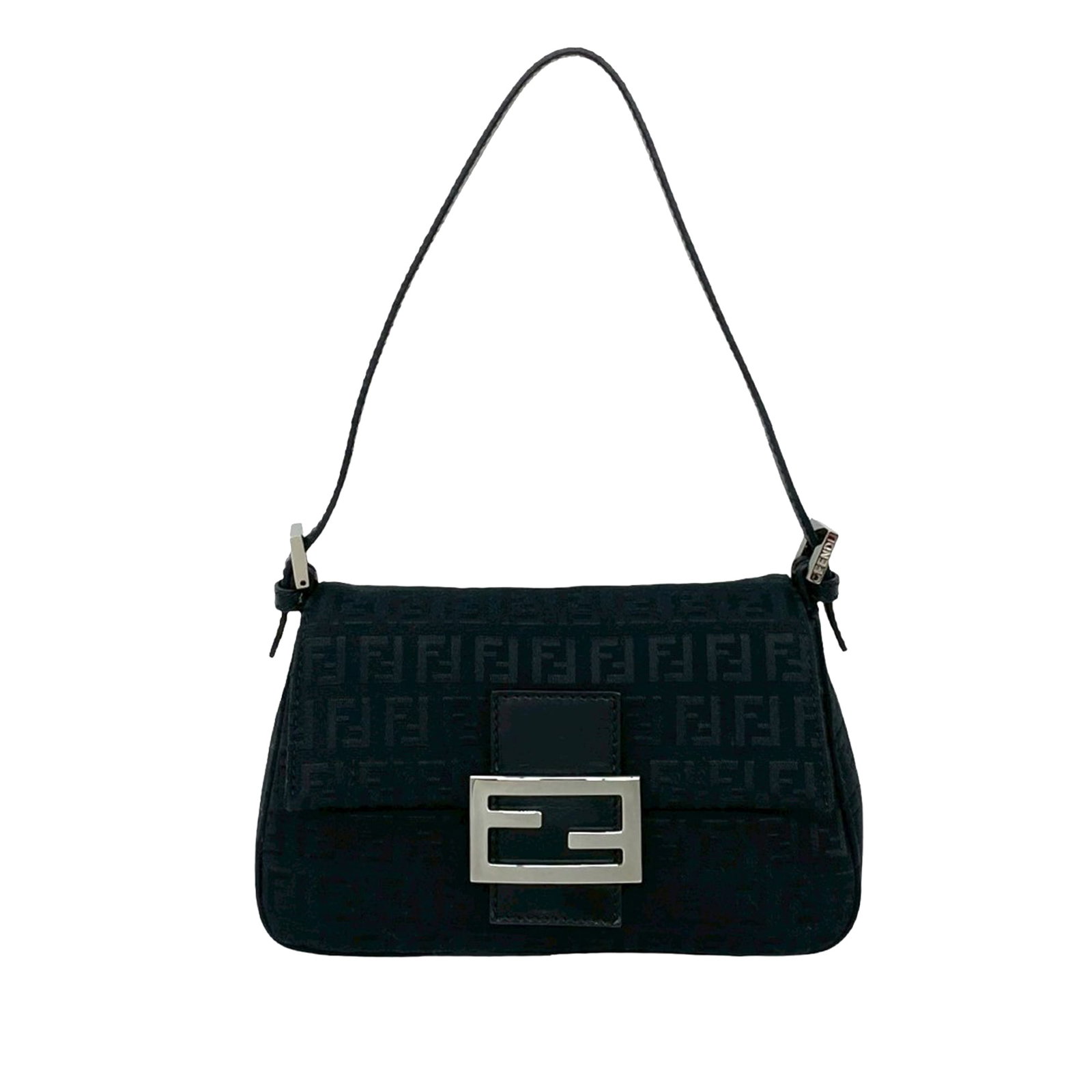 Fendi Mamma Forever Mini Zucchino Canvas Shoulder Bag: Fendi Mamma Forever Mini Zucchino Canvas Shoulder Bag This Fendi Mini Zucchino Canvas Mamma Forever shoulder bag features a black fabric body with a flat leather strap, a front flap secured by a flat 