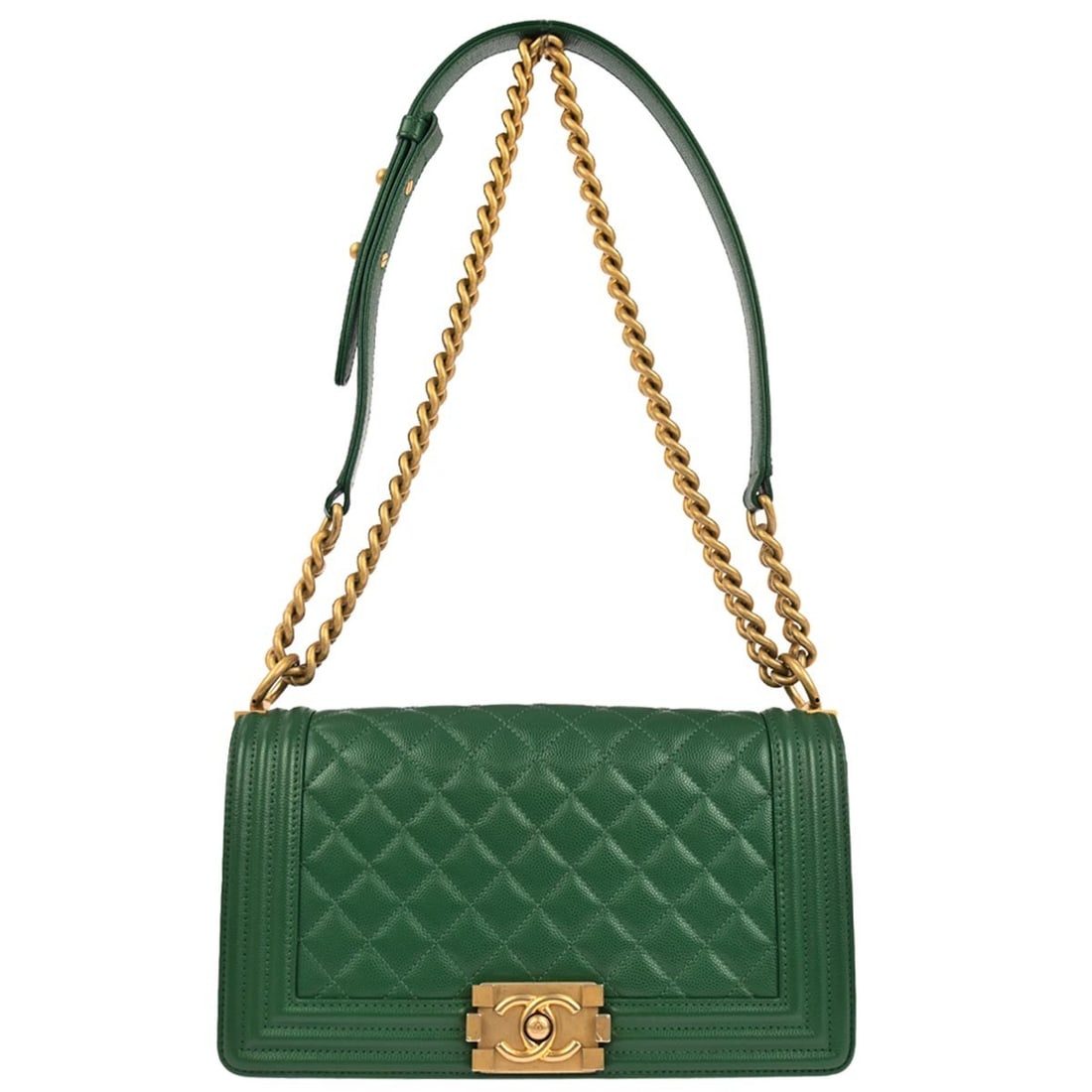 CHANEL Boy Green Calfskin Chain Shoulder Bag Medium: CHANEL Boy Green Calfskin Chain Shoulder Bag Medium This vintage Chanel Boy Medium Shoulder Bag features a striking green leather exterior with a quilted design and gold-tone hardware. The bag is craf