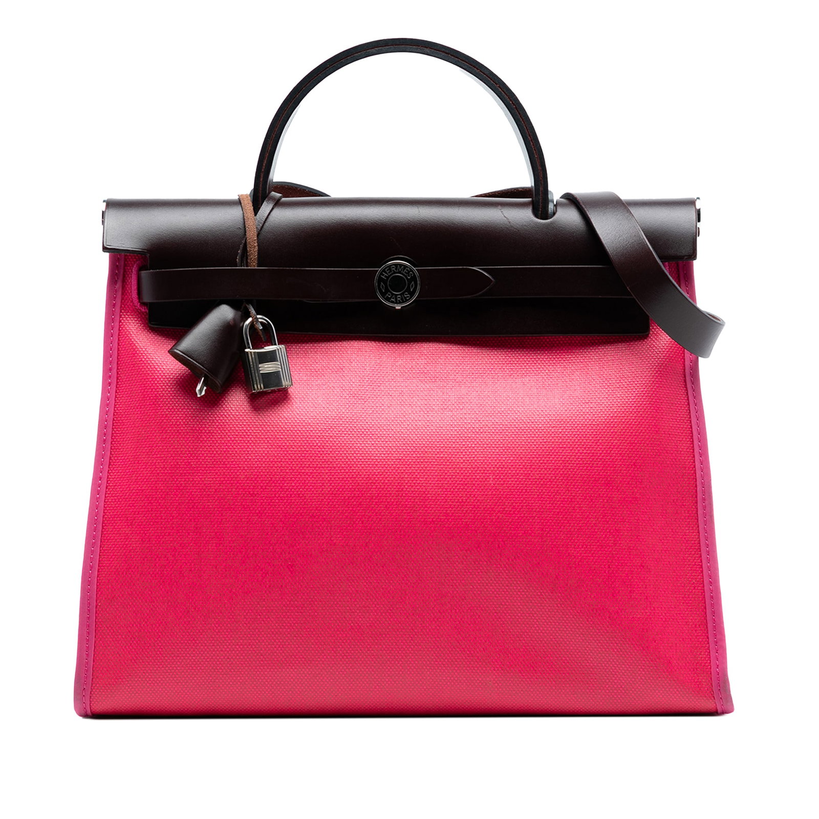 Hermes Berline Herbag Zip 31 Pink Canvas Shoulder Bag with Leather Trim: Hermes Berline Herbag Zip 31 Pink Canvas Shoulder Bag with Leather Trim The Hermes Toile H Berline Herbag Zip 31 is crafted from coated canvas with leather trim and features a flat leather top handle,