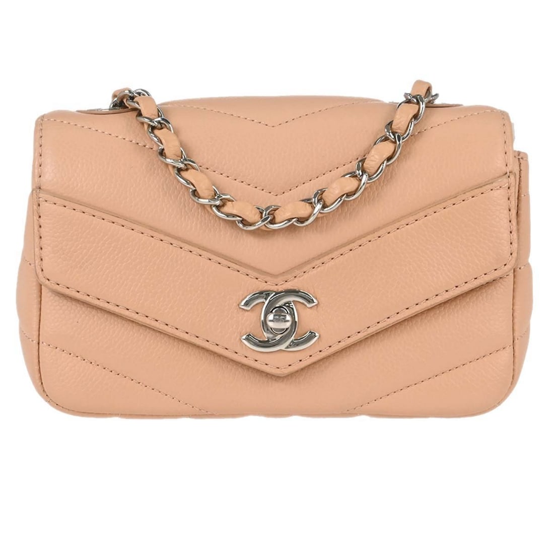 CHANEL Classic Single Flap Beige Caviar Skin Mini Crossbody Bag: CHANEL Classic Single Flap Beige Caviar Skin Mini Crossbody Bag This Chanel Classic Single Flap shoulder bag features a beige caviar skin leather exterior with a chevron pattern. The mini-sized bag is