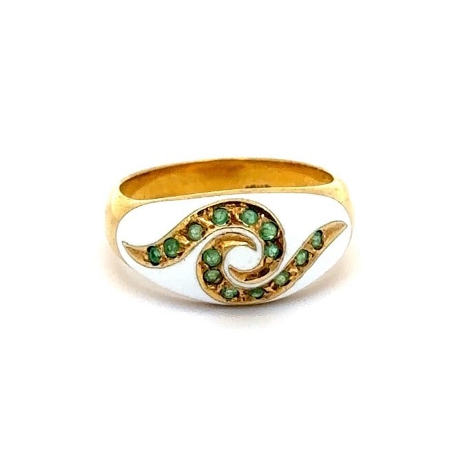 Emerald and White Enamel Dome Band in 18K Yellow Gold Vintage Scroll Motif Ring: Emerald and White Enamel Dome Band in 18K Yellow Gold Vintage Scroll Motif Ring This vintage dome band ring is crafted from solid 18K yellow gold and features a scroll design adorned with white enamel