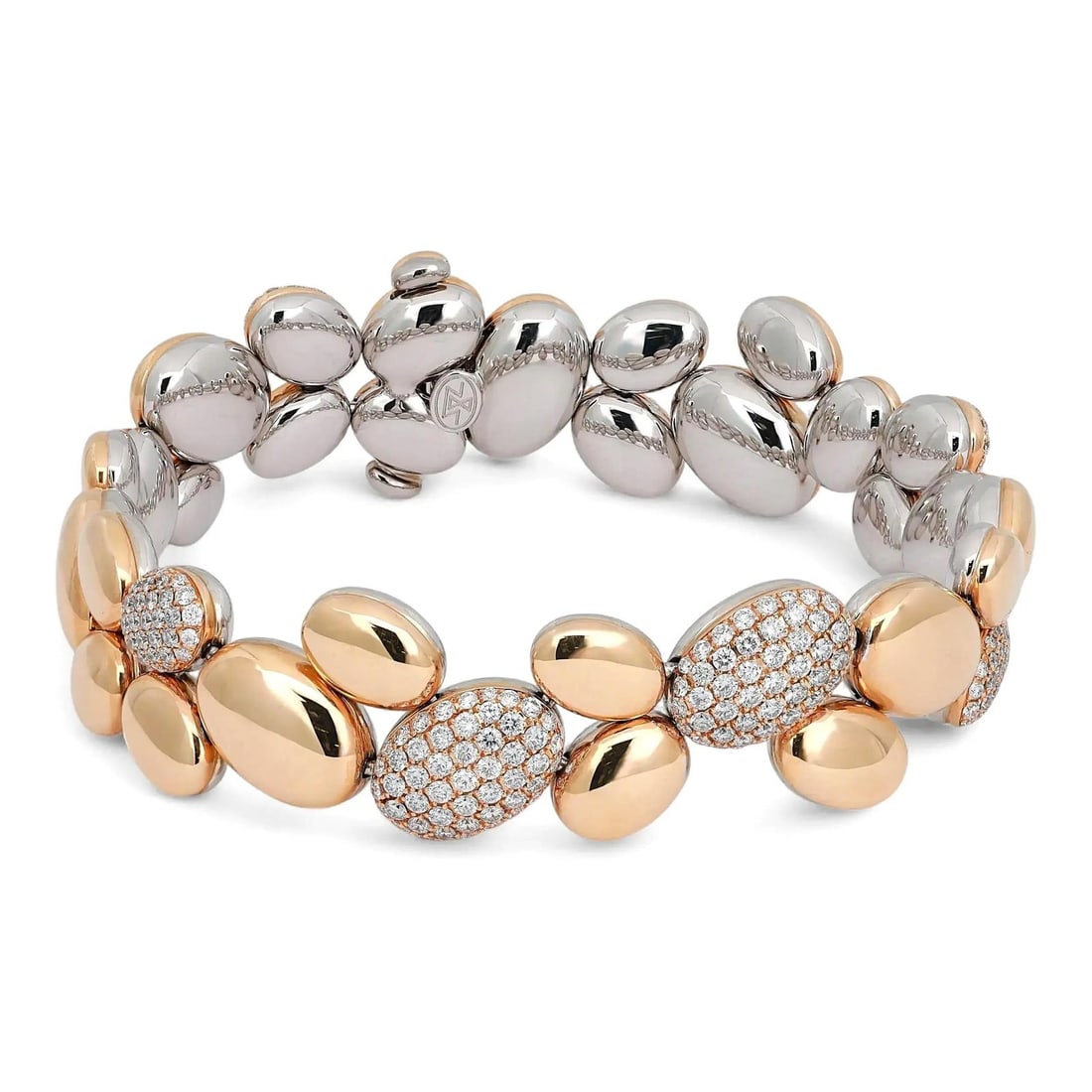 Gubelin 18K Rose White Gold Diamond Tennis Bracelet 3.02 ctw: Gubelin 18K Rose White Gold Diamond Tennis Bracelet 3.02 ctw This elegant Gubelin bracelet is expertly crafted in 18k rose and white gold, featuring a tennis style with oval motif links. Eight of the 