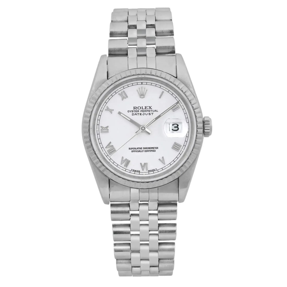 Rolex Datejust 18K White Gold Steel Automatic Men's Watch 16234 Vintage: Rolex Datejust 18K White Gold Steel Automatic Men's Watch 16234 Vintage This Rolex Datejust wristwatch combines luxury and functionality, featuring a classic 18K white gold and stainless steel constru