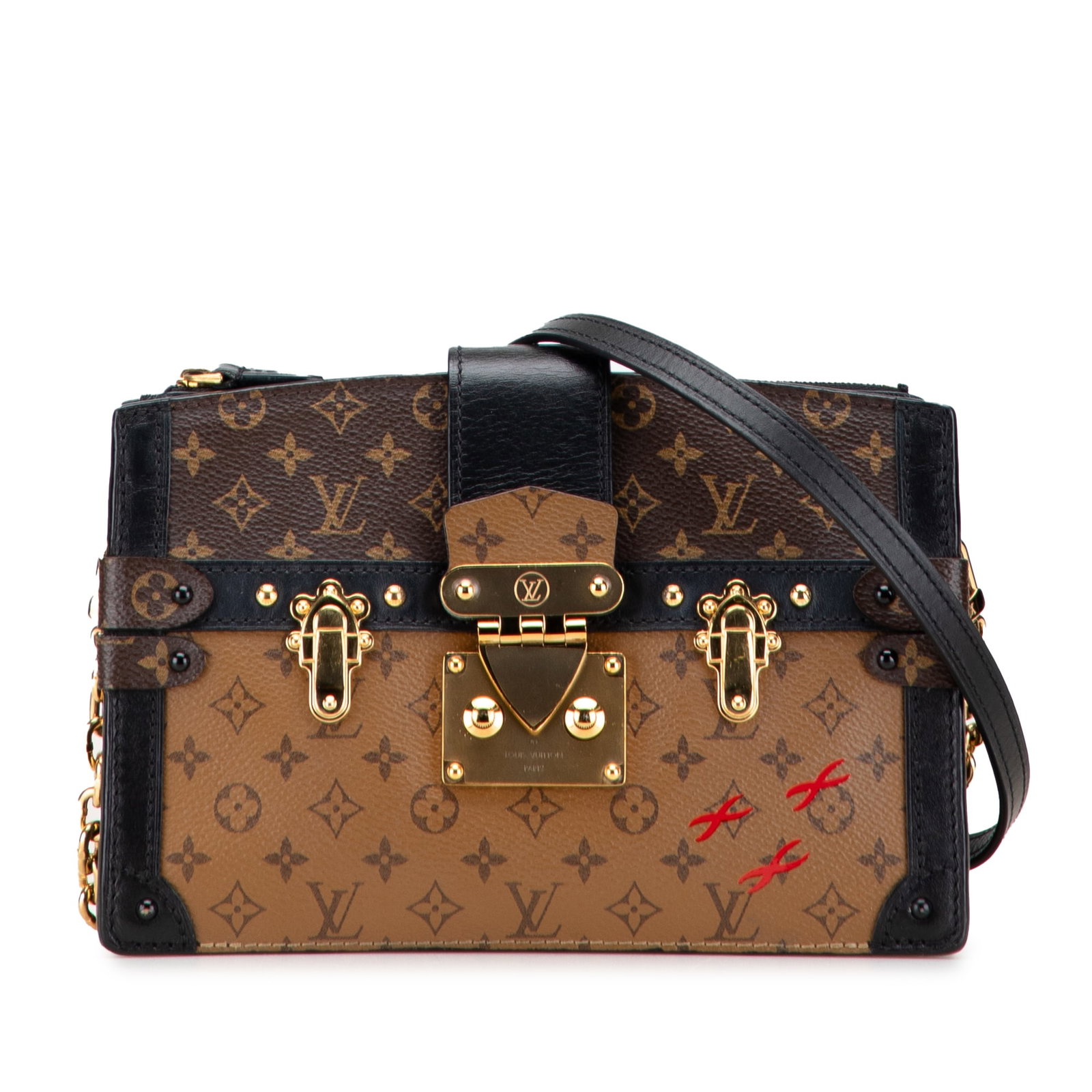 Louis Vuitton Monogram Reverse Trunk Clutch with Leather Strap: Louis Vuitton Monogram Reverse Trunk Clutch with Leather Strap Introducing the Louis Vuitton Monogram Reverse Trunk Clutch, an exquisite bag crafted from a blend of monogram canvas and monogram revers