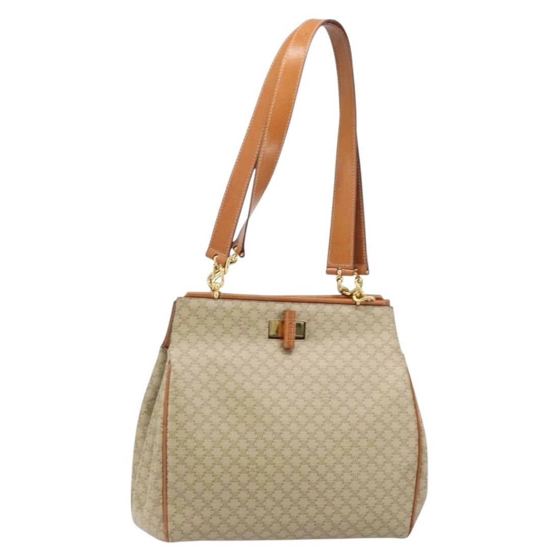 Celine Macadam Beige PVC Leather Tote with Gold Accents and Dust Bag: Celine Macadam Beige PVC Leather Tote with Gold Accents and Dust Bag This CELINE Macadam Canvas tote bag features a beige and gold color scheme with PVC leather and Macadam canvas exterior. Designed f