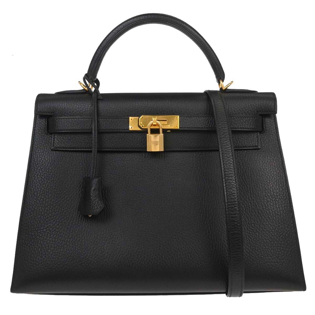 Hermes Kelly 32 Black Ardennes Leather Top Handle Bag: Hermes Kelly 32 Black Ardennes Leather Top Handle Bag This Hermes Kelly 32 Sellier handbag is crafted from black Ardennes leather and features a structured silhouette with a top handle and a detachabl