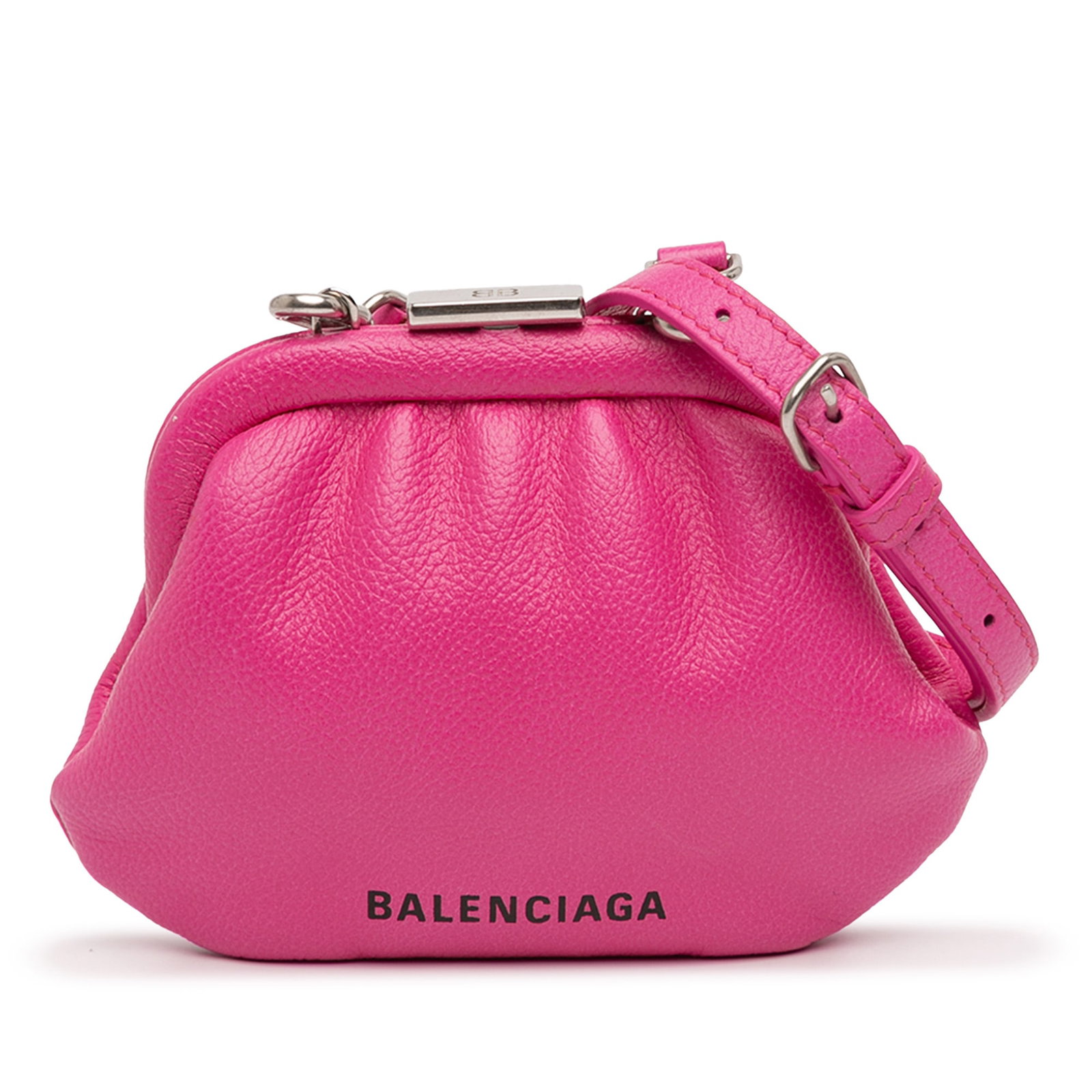 Balenciaga Cloud Mini Pink Leather Coin Purse with Adjustable Strap: Balenciaga Cloud Mini Pink Leather Coin Purse with Adjustable Strap This Balenciaga Mini Grained Calfskin Cloud Coin Purse features a pink leather body with a textured finish, complemented by an adjus