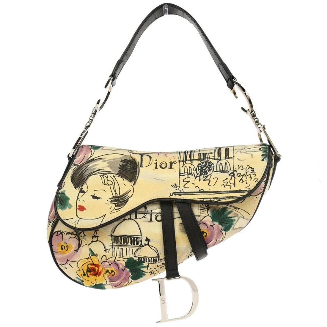 Dior Saddle Shoulder Bag by John Galliano Beige Canvas Leather Medium: Dior Saddle Shoulder Bag by John Galliano Beige Canvas Leather Medium This Christian Dior Saddle Bag, designed by John Galliano, features a beige canvas and leather exterior. The medium-sized handbag 