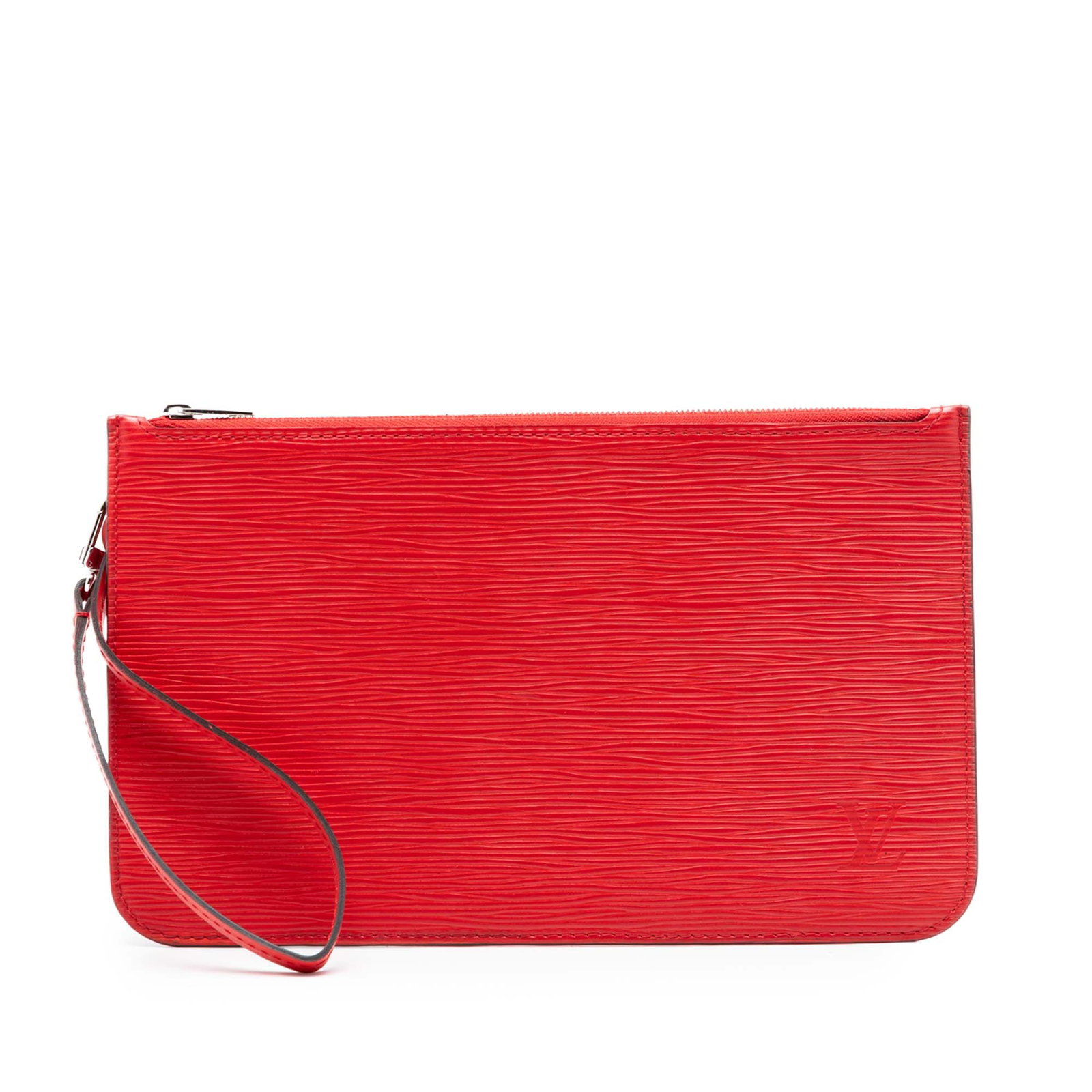 Louis Vuitton Epi Leather Neverfull Wristlet Pouch Red: Louis Vuitton Epi Leather Neverfull Wristlet Pouch Red This Louis Vuitton Epi Neverfull Pouch is crafted from epi leather in a striking red hue and features a detachable flat leather wrist strap. The 