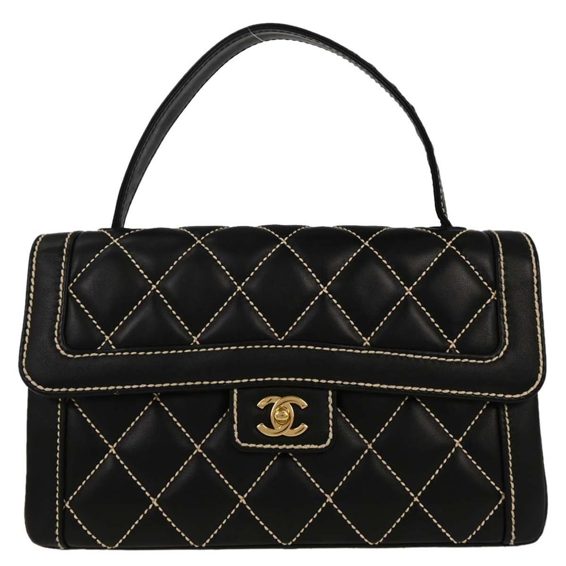 Chanel Wild Stitch Black Leather Medium Handbag with Turn Lock Closure: Chanel Wild Stitch Black Leather Medium Handbag with Turn Lock Closure This Chanel Black Calfskin Wild Stitch Handbag features a medium-sized silhouette crafted from black leather with distinctive wil