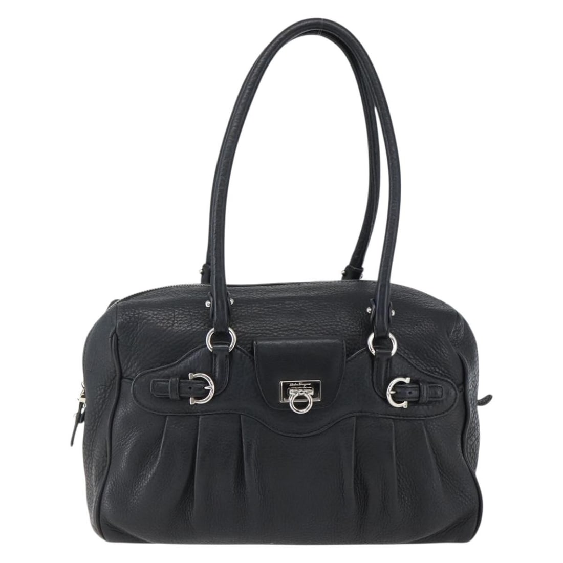Ferragamo Gancini Black Leather Shoulder Bag with Buckle Detail: Ferragamo Gancini Black Leather Shoulder Bag with Buckle Detail This Salvatore Ferragamo Gancini Buckle Shoulder Bag is crafted from black leather and features the iconic Gancini buckle detail. Design