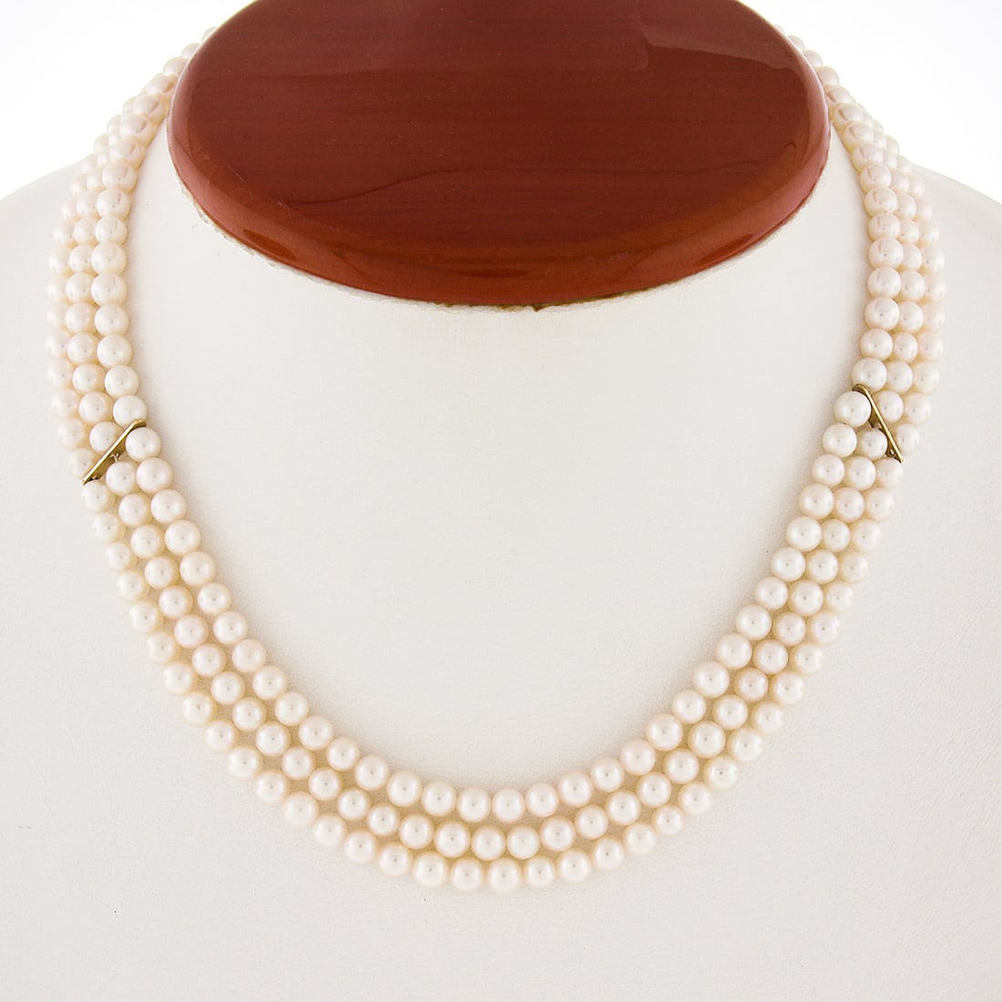 Triple Strand Cultured Pearl Choker with 14k Gold Filigree Clasp: Triple Strand Cultured Pearl Choker with 14k Gold Filigree Clasp This elegant choker necklace features three strands of well-matched, round cultured pearls, each measuring approximately 4 to 4.5mm in 